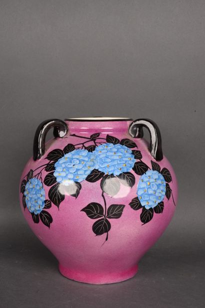 null Earthenware vase with 3 handles and painted decoration of flowers on a pink...
