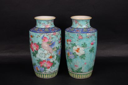 CHINE, Paire de vases à décor de perruches...