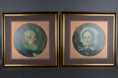 null Pair of chromolithographs reproducing portraits of a man and a woman from the...