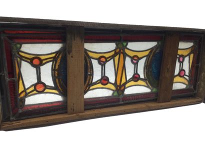 null Set of 2 old stained glass windows decorated with geometric shapes and cabochons,...
