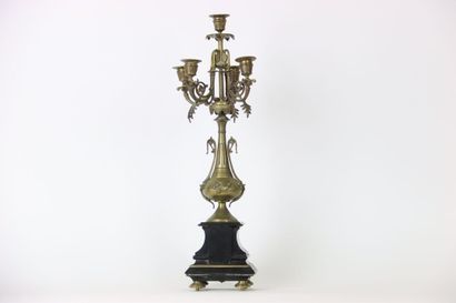 null Large bronze candelabra with 5 candleholders, decorated with leaves and fruits...