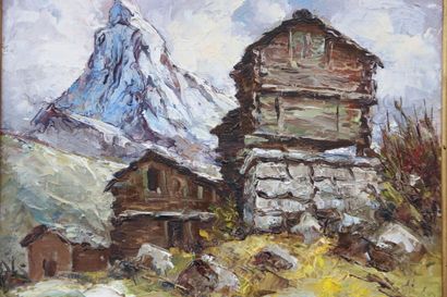 null PUGET Claude Roger (1911-2002). Landscape of chalets in the mountains. Oil on...