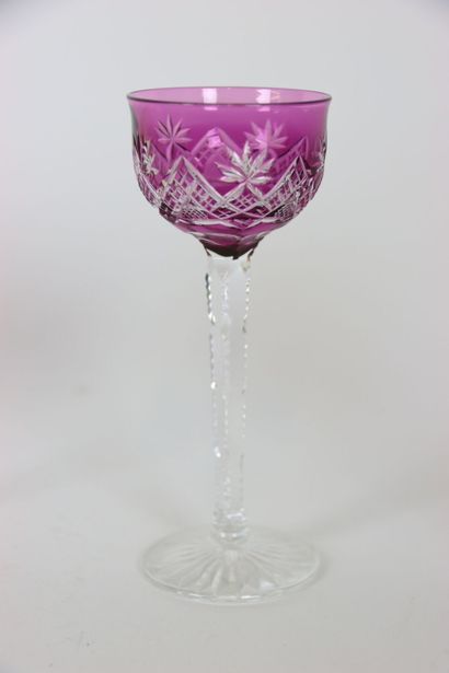 null Set of 6 Bohemian crystal liqueur glasses on long feet, red, purple, blue, green...