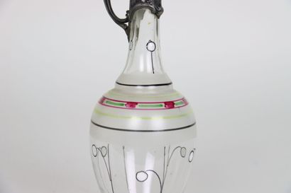 null Small enamelled carafe with polychrome decoration, pewter mounting, 6 silver...