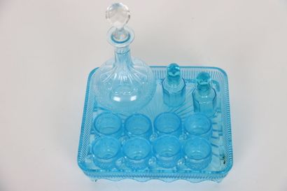 null Blue glass liqueur set including a tray, 8 goblets with handle, two small bottles...