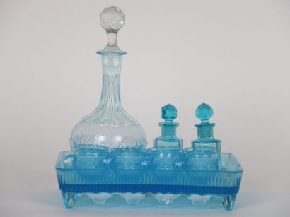 null Blue glass liqueur set including a tray, 8 goblets with handle, two small bottles...