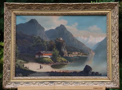 null School of the XVIIIth century. View of a mountain lake. Oil on canvas. Dimensions:...