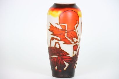 null Large enamelled multi-layer vase with orange wader decoration. Signed in the...