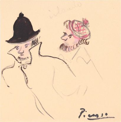 Pablo Picasso Pablo Picasso (1881-1973)
2 men, drawing with watercolor 10.5 x 10... Gazette Drouot