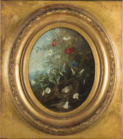 null Joseph Eugène GILBAUT (1800 - 1899)

Nid et fleurs des champs

Panneau oval

Signé...