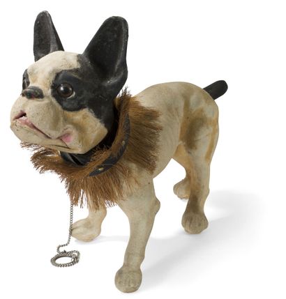 null French bulldog on wheels, made of paper mache. Mobile head, collar of parade...