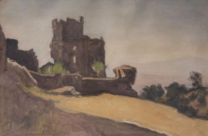 null French school around 1900
The castle of Seyssac in the Aude
Oil on paper 
35,5...