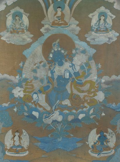 null Thangka, pigments bleu et or sur toile, représentant une Tara verte. Elle est...