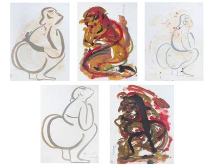 null Ron FERRI (1932-2019)
Ensemble de trois dessins :
Sumo accroupi, 1986
Gouache
Signée...