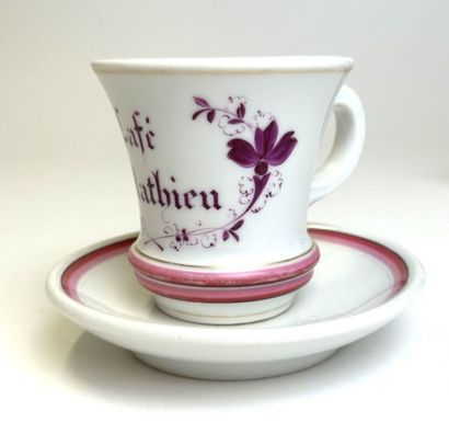 null Set of five thick porcelain "brûlots" cups, two with saucers, marked with coffee...