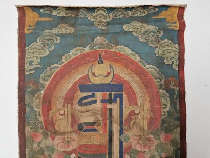 null Complete Tangkha illustrated with the Kalachakra symbol (wheel of time) surrounded...