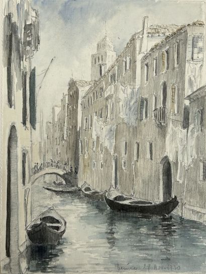 null A set of eight (8) drawings, including :

- Ecole moderne, Canal à Venise, November...