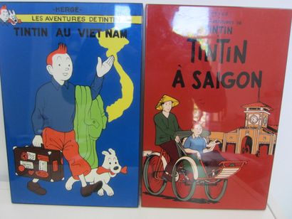  Hergé, Tintin et Milou, lot de2 petis tableaux en bois laqués, 30cmx20cm, bon é... Gazette Drouot