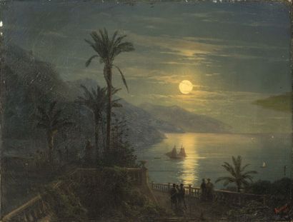  IVAN KONSTANTINOVICH AIVAZOVSKY (1817-1900)
Clair de lune sur une terrasse aux palmiers... Gazette Drouot