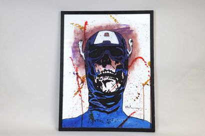 null KITOLA (Jérôme Guerido). Captain America. Technique sur toile. Signé en bas...