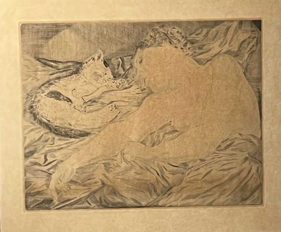 null TSUGUHARU FOUJITA (1886-1968). Femme au chat (1927). Pointe sèche sur papier...