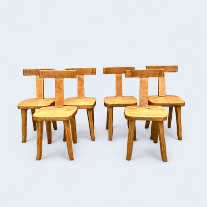null OLAVI HANNINEN (1920-1992). Circa 1960. Suite of six chairs in carved light...