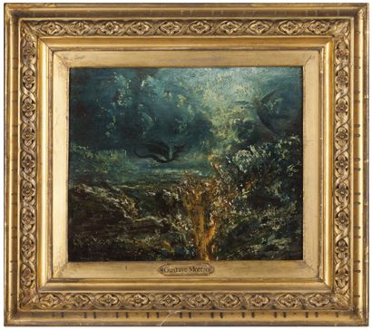 Gustave Moreau Attrib. (1826-1898) Un paysage fantastique avec un ange et un dragon
Huile... Gazette Drouot