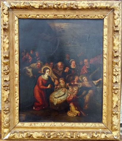 null Ecole XVIIe : "Scène de nativité" Huile sur cuivre (35x29) estampé CK (manques...