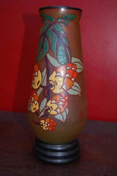 Vase pâte de verre décor émaillé floral,...