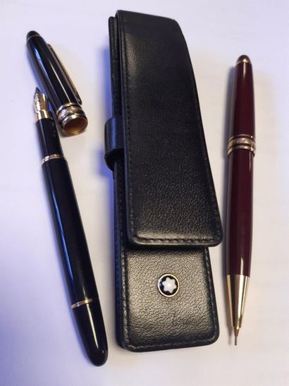 null MONTBLANC, stylo plume noir + stylo mine bordeaux dans un étui cuir noir