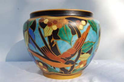 KERAMIS : Vase boule céramique à décor d'oiseaux...