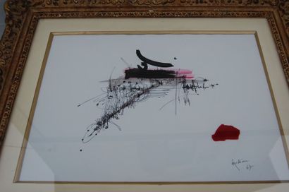 null MATHIEU Georges ( né en 1921) : " Composition 65" encre noire, rouge et collage...