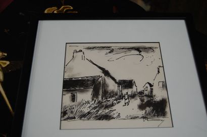 null DE VLAMINCK Maurice : " Femme dans un petit village" dessin à l'necre (16x16,5)...