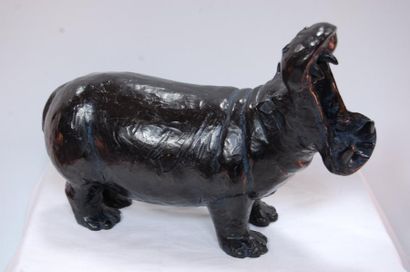 null Jorge BORRAS : "Hippopotame baillant" Bronze à patine noire bleutée, signé (H...