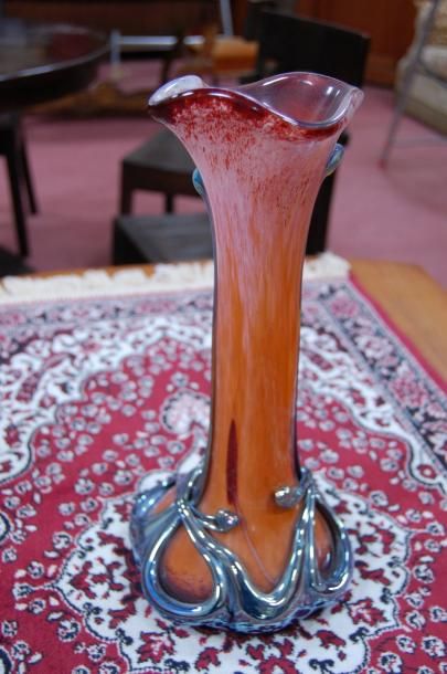 null OPERTO : vase pâte de verre orange et couleurs lustrées (Haut 33 cm) signé