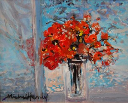 null MICHEL-HENRY (né en 1928) : "Bouquet de fleurs rouges" HST (22x27) SBD