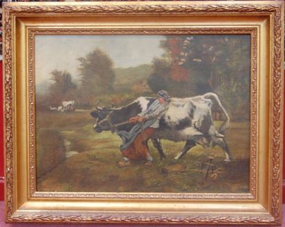 null Ecole française XIXe : "Fermière et sa vache" HST (54x73) Non signée (restauration)...