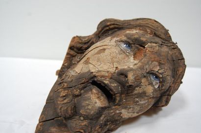 null Visage sculpté bois ancien avec yeux rapportés (long 30 cm) mauvais état
