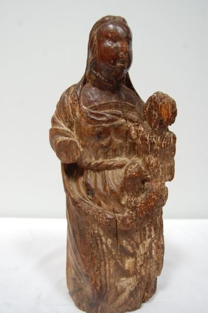 null Vierge à l'enfant, sapin sculpté, travail ancien (mauvais état) Haut 44 cm