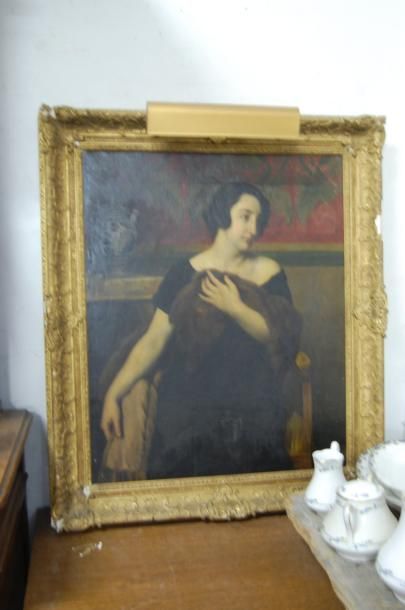 null Ecole française vers 1880 : "Femme à la fourrure" Huile sur toile, cadre doré...