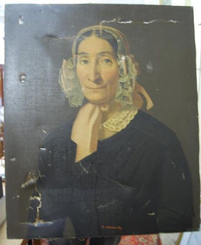 null HOFFMANN F. : "Portrait de dame" HST (65x54) SBM daté 1847, accidents et trous...