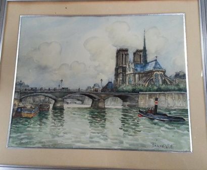 null FRANK-WILL (1900-1951) : "Paris, Bord de Seine et cathédrale" Aquarelle SBD...