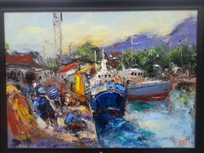  Michel CALVET (né en 1956) : "Les pêcheurs de St Jean de Luz" HST (73x100) SBD