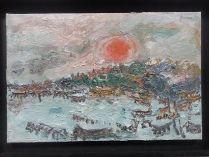  Jean FUSARO (né en 1925) : "Soleil couchant sur les parcs à moules" HST (27x41)...