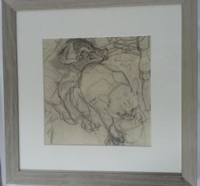 null FOUJITA (1886-1968) : "Les 2 animaux" Dessin (19x19) SHD daté 49