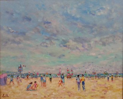 null Christian BAECHLER (né en 1947) : "Les amoureux sur la plage" HST (50x61) S...