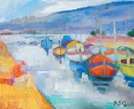 ASTOIN Marie (née en 1923) « Péniches à quai » HST (50x65)