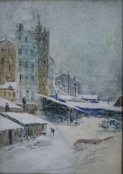 null HARPIGNIES H.J. (18919-1916), "Montmartre sous la neige"Panneau peint/scarifié...