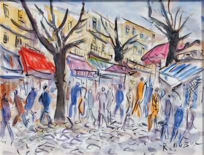 DUBUC Roland (1924-1998) "Montmartre, la place du Tertre animée" Aquarelle sur papier...