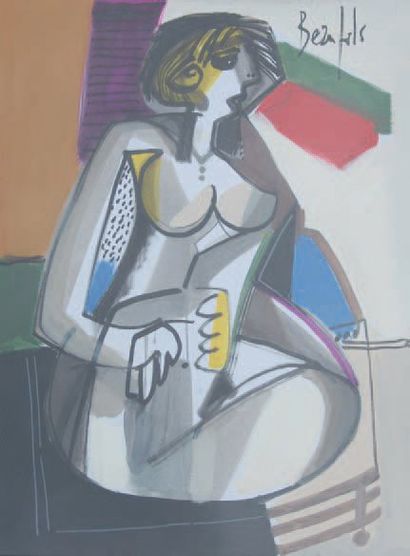 BEAUFILS Jean-Luc (né en 1953) "Nu cubiste assis" Gouache sur papier (65x50) SHD